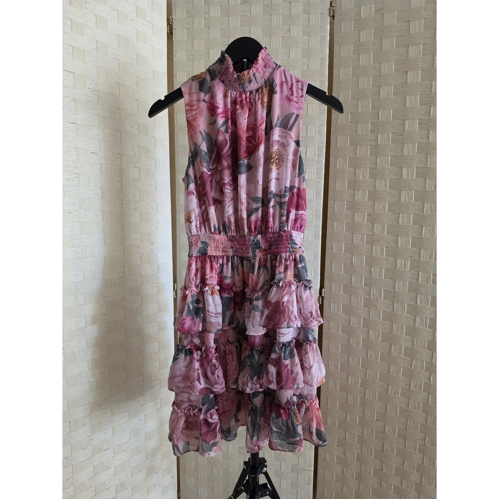 Pink Floral Ruffle Tiered Mini Dress Smocked Mock Neck Sleeveless RN 55285